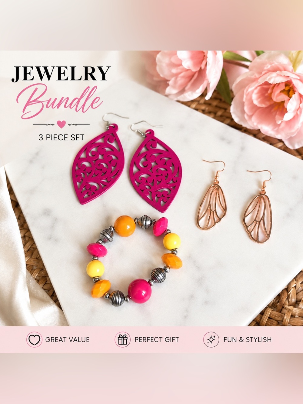 Women’s Pink and Yellow Fashion Jewelry Set - Stylish Earrings & Beaded Bracelet